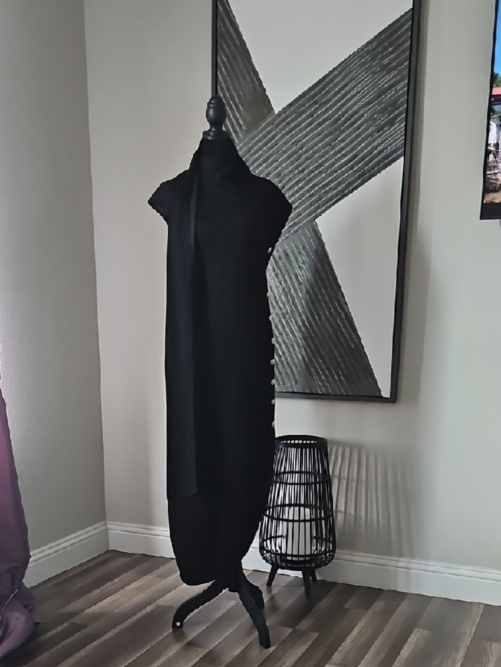 Asymmetrical Black Dress with Side Button Detail - Picture 8 of 8